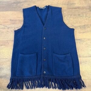 Lizwear Liz Claiborne Navy Blue 100% Wool Fringe Hem Button Front Sweater Vest M